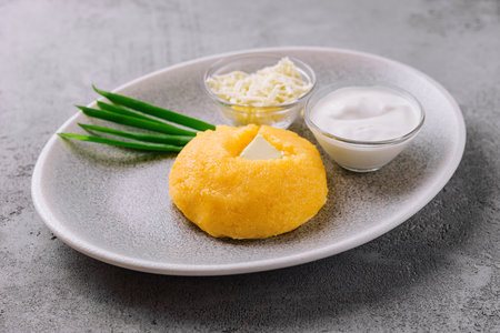 polenta with onions, feta cheese and sour creamの写真素材