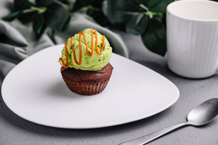 Chocolate fondant with pistachio ice creamの写真素材