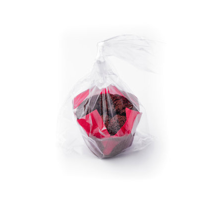 Delicious chocolate brownie in plastic packagingの写真素材