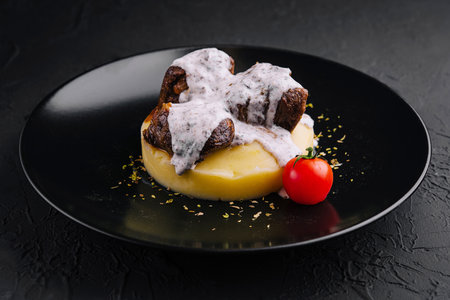 Grilled pork tenderloin with mashed potatoesの写真素材