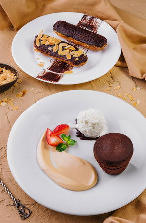 lava cake with ice cream and chocolate eclairs