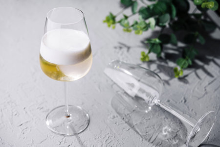 white cocktail with foam in a wine glassの写真素材
