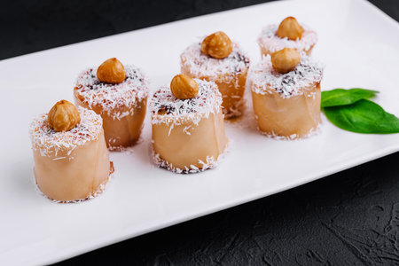 Vanilla Banana Pancake Rolls with coconut and hazelnutsの写真素材