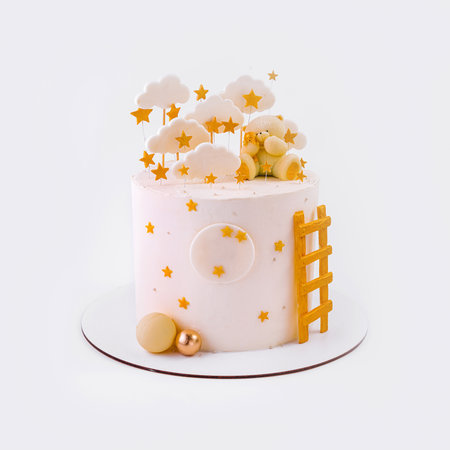 Festive children`s birthday cake on plateの写真素材