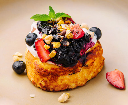 one cottage cheese pancake with jam and sour cream