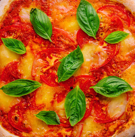 Margherita Pizza with Basil close up backgroundの写真素材