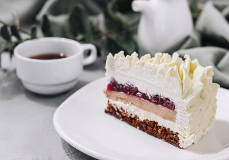 Layered Mousse Cake on white plate and cup of teaの写真素材