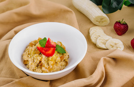 oatmeal with banana on top viewの写真素材