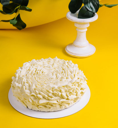 White Mousse Cake on Yellow Backgroundの写真素材