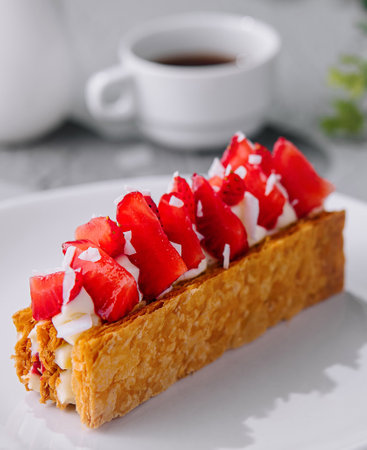 Piece of Napoleon Cake with Strawberry on plate