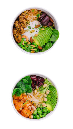 Hawaiian Poke Bowls with Salmon, Avocado and Cucumberの写真素材