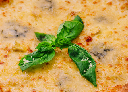 fresh tasty four cheeses pizza close upの写真素材