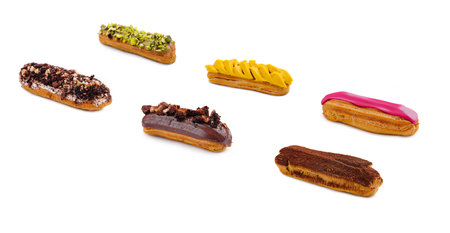 different types of French eclairs isolated
