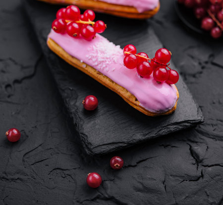 eclair with red currants on black stone