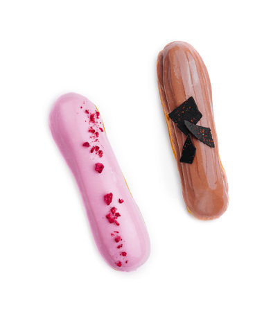 Chocolate and raspberry eclairs isolated on white background