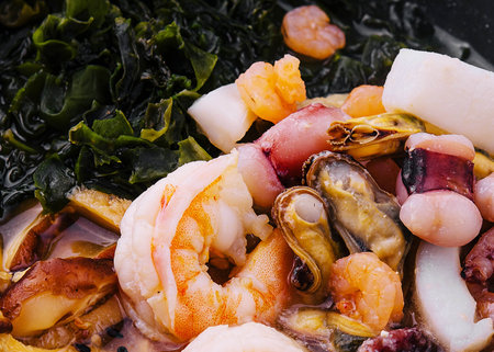 chinese soup with seaweed and seafoodの写真素材