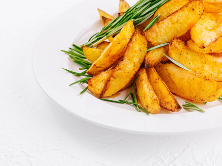 Baked potato wedges with rosemary on plateの写真素材
