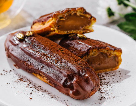 Tasty chocolate eclairs on plate close up