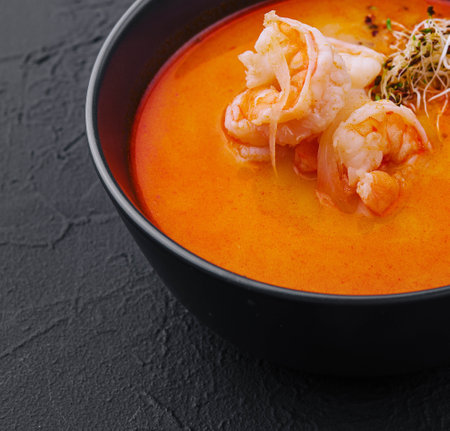 Traditional Thai soup Tom Yam in black bowlの写真素材