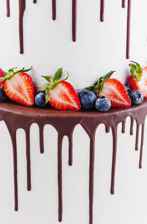 White cake with melted dark chocolate with fresh berries