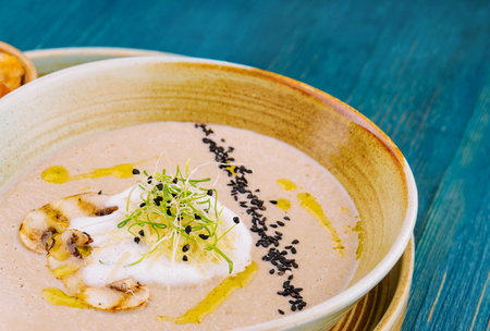 Mushroom cream soup with ingredients top viewの写真素材