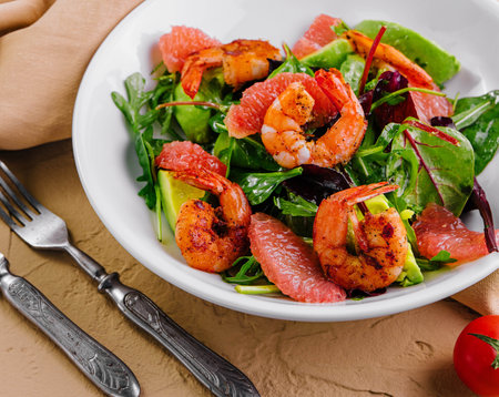 Healthy fresh salad with shrimps, avocado and grapefruitの写真素材