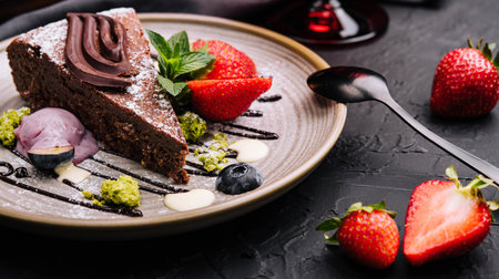 Brownie cake with a scoop of vanilla ice cream and strawberriesの写真素材