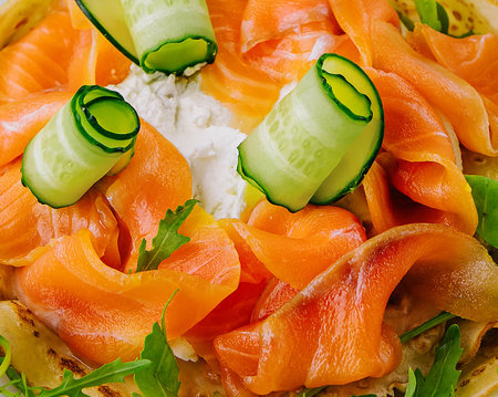 Homemade Pancakes with Salmon close upの写真素材