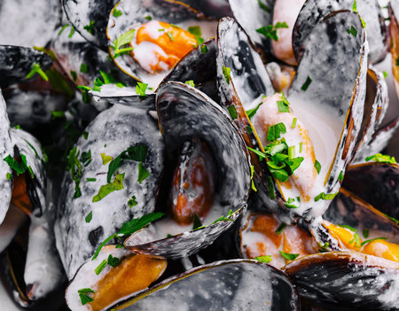 Plate of tasty mussels close up backgroundの写真素材