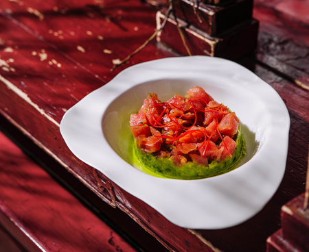 Salmon Tartare on Avocado Pillowの写真素材
