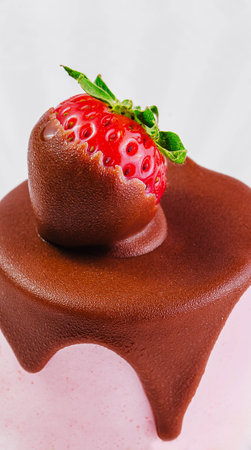 Beautiful pink mousse cake decorated with chocolate and strawberries