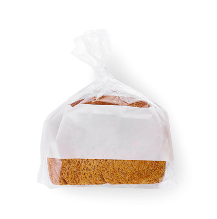 Loaf of wheat bread in plastic bag isolatedの写真素材