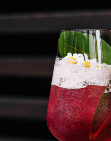 red fresh exotic alcoholic cocktail and pineapple leafの写真素材