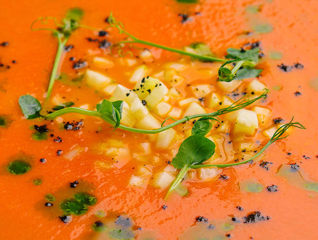 Tomato gazpacho soup close up backgroundの写真素材