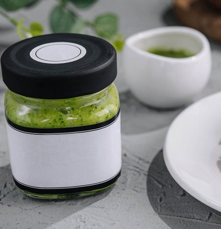 bread with homemade pesto sauce spreadの写真素材