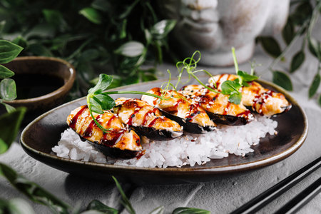 Fresh mussels with herbs and sauce served on a bed of rock salt, with green foliage backdropの写真素材