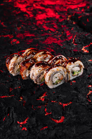 Creative sushi roll presentation on a fiery lava-like textured surface, enhancing japanese cuisine's...