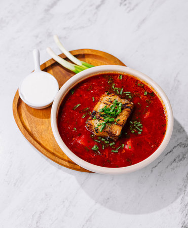 Vibrant bowl of borscht garnished with tender pork, fresh herbs, on a wooden tray with a white backgroundの写真素材