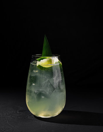 Elegant glass of lime cocktail with ice cubes and green leaf garnish, isolated on dark backdropの写真素材