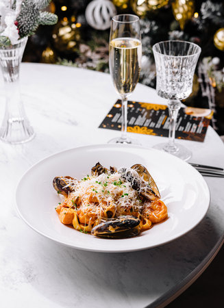Gourmet mussel pasta is served on a luxurious dining table with a glass of bubbly champagneの写真素材