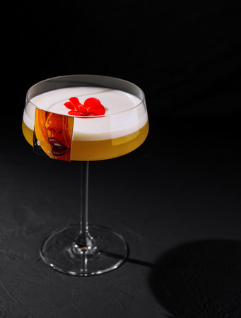 Sophisticated cocktail with a creamy foam layer and a vibrant red flower garnish, presented on a moody backdropの写真素材