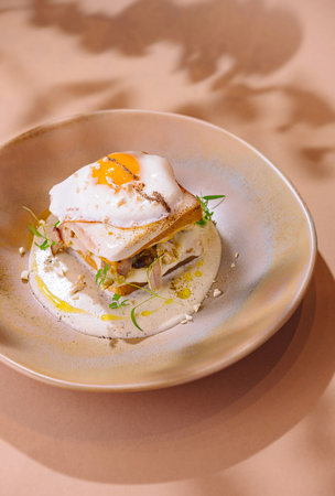 Elegant presentation of a breakfast stack topped with a perfectly cooked sunny side up egg and herbsの写真素材