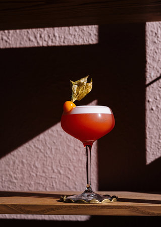 Sophisticated cocktail with garnish, basking in warm sunlight against a pink wall backdropの写真素材