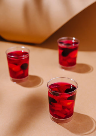 Three glasses of red berry mocktails on a warm beige background with playful shadowsの写真素材