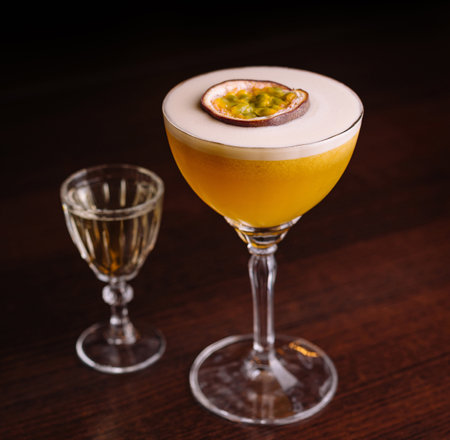 A sophisticated passion fruit cocktail in a coupe glass beside a small shot glass, showcased on a dark, wooden bar topの写真素材