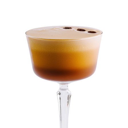 Classic espresso martini in a stylish glass, perfectly isolated on a white backgroundの写真素材