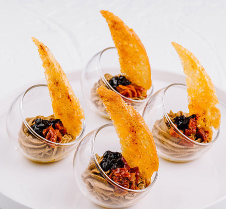 Platter of sophisticated appetizers with crispy wafers served on a sleek white backgroundの写真素材