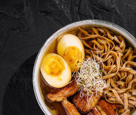 Top view of a delicious ramen noodle bowl with succulent pork slices, eggs, and sprouts
