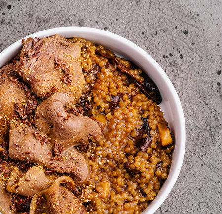 Top view of a nutritious bowl of lentil stew with meat, perfect for a healthy mealの写真素材