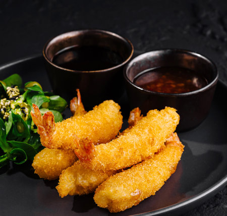 Gourmet breaded shrimp served with fresh salad and two dipping sauces on a stylish black plateの写真素材